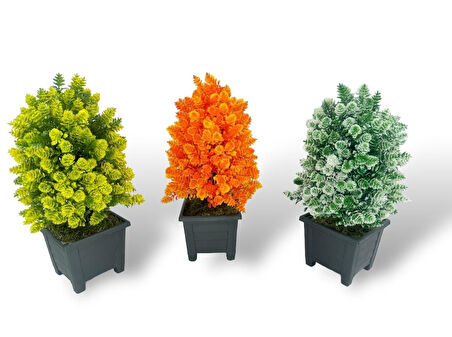 3lü Set Yapay Çiçek Bonsai Ağacı Kozalak Model Dekoratif Yapay Ağaç Bonzai 30*15 CM Siyah Kare Saksıda