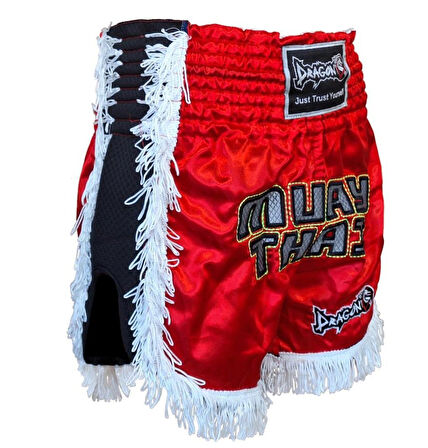 DragonDo MT3020 Apache Muaythai Şortu Kırmızı Püsküllü Şort Nakışlı Muay Thai Şortu