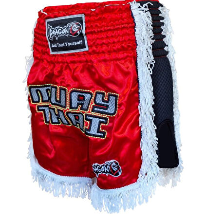 DragonDo MT3020 Apache Muaythai Şortu Kırmızı Püsküllü Şort Nakışlı Muay Thai Şortu