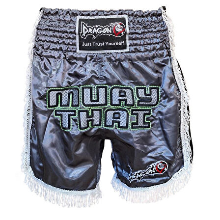 DragonDo MT3020 Apache Muaythai Şort Antrasit Püsküllü Şort Nakışlı Muay Thai Şortu