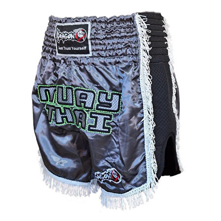 DragonDo MT3020 Apache Muaythai Şort Antrasit Püsküllü Şort Nakışlı Muay Thai Şortu