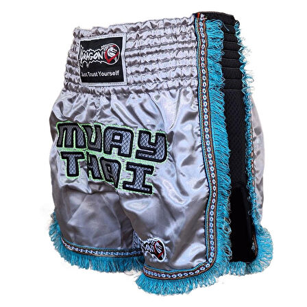 DragonDo MT3020 Apache Muaythai Şortu Gri Püsküllü Şort Nakışlı Muay Thai Şortu