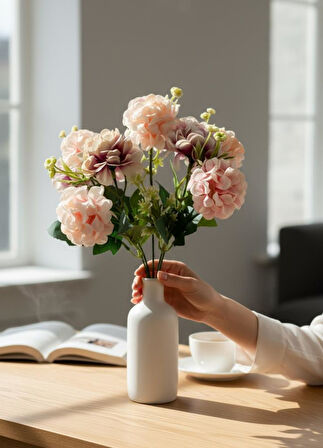 Yapay Çiçek Kartopu Krizantem Pudra Pembe 5Dallı 10toplu Demet 30cm