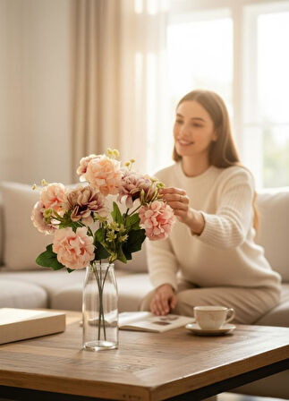 Yapay Çiçek Kartopu Krizantem Pudra Pembe 5Dallı 10toplu Demet 30cm