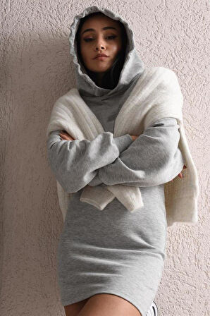 Kadın Gri Kısa Etek Kapüşonlu Sweat Takım Sweat Elbise 8119_2010