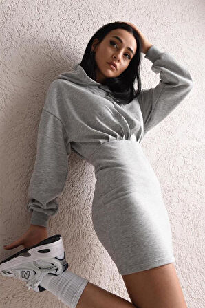 Kadın Gri Kısa Etek Kapüşonlu Sweat Takım Sweat Elbise 8119_2010