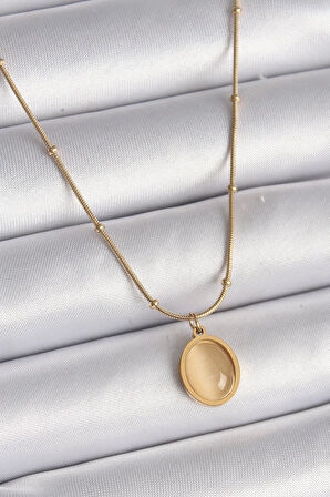 Celira Çelik Gold Renk Sarı Kedi Gözü Sedefli Oval Model Kadın Kolye