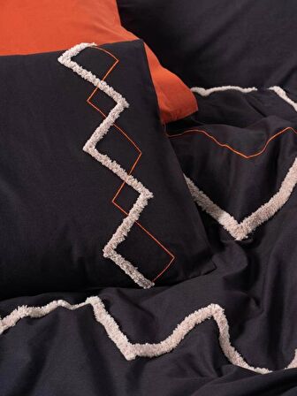 Cotton Box Puff Nakışlı Ranforce Çift Kişilik Nevresim Takımı Mirely Siyah Kiremit