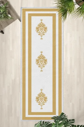 Black Punto Beyaz Gold Yıkanabilir Yolluk Halı Kaymaz Taban Salon Mutfak Beyaz Gold