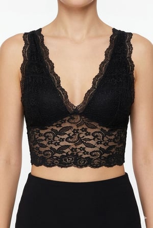 LoomArt Kadın Dantel Bralet Crop Sütyen V Yaka Askılı Şık Esnek Rahat - Siyah