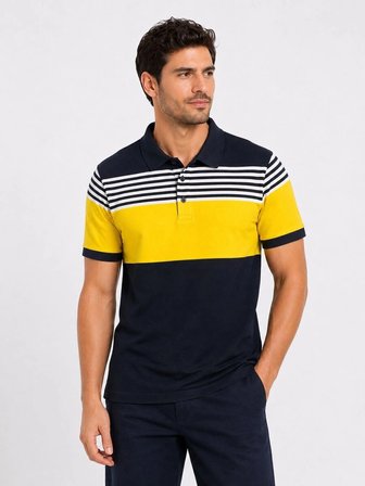 Babs Erkek Flamlı Penye Çizgili Polo Yaka Lacivert  Tişört Kısa Kol Yazlık T-Shirt