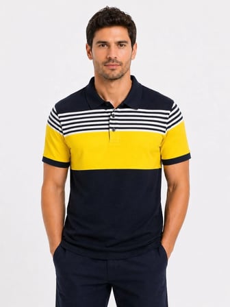 Babs Erkek Flamlı Penye Çizgili Polo Yaka Lacivert  Tişört Kısa Kol Yazlık T-Shirt