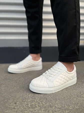 Prestige Bağcıklı Cilt Kapitone Desenli Erkek Günlük Sneaker Ayakkabı CBT - Beyaz