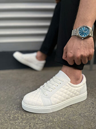 Prestige Bağcıklı Cilt Kapitone Desenli Erkek Günlük Sneaker Ayakkabı CBT - Beyaz