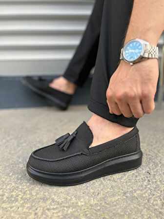 Blaze Bağcıksız Püsküllü Keten Erkek Günlük Spor Klasik Ayakkabı KST - Siyah