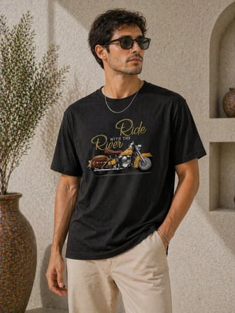 Erkek Siyah Motosiklet Baskılı Bisiklet Yaka Tişört – Kısa Kollu Yazlık T-Shirt