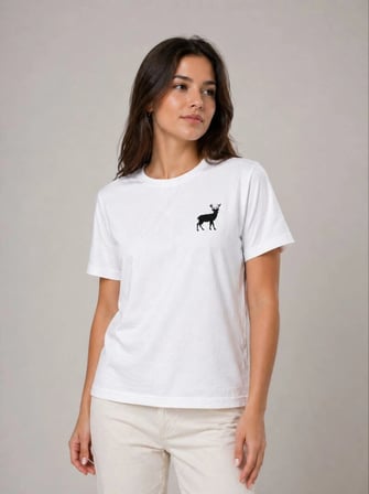 Kadın Minimal Geyik Logolu Tişört Bisiklet Yaka Kısa kol Yazlık T-Shirt - Beyaz