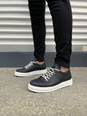 Siyah Beyaz Cool Bağcıklı Cilt Erkek Günlük Spor Klasik Ayakkabı