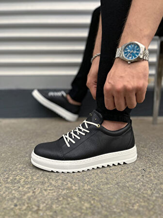 Siyah Beyaz Cool Bağcıklı Cilt Erkek Günlük Spor Klasik Ayakkabı