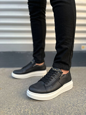 Warrior Bağcıklı ve Fermuarlı Cilt Erkek Günlük Sneaker Ayakkabı CBT - Siyah