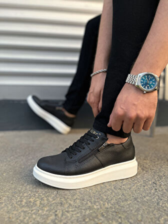 Warrior Bağcıklı ve Fermuarlı Cilt Erkek Günlük Sneaker Ayakkabı CBT - Siyah