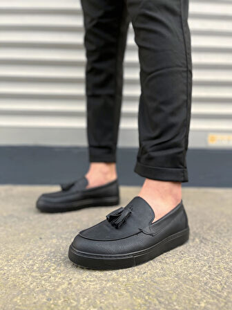 Siyah Bloom Bağcıksız Püsküllü Cilt Erkek Günlük Spor Klasik Ayakkabı