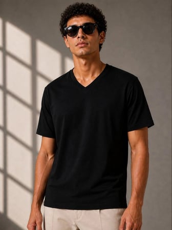 City Erkek V Yaka Basic Tişört Kısa Kol Yazlık Regular Fit T-Shirt - Siyah