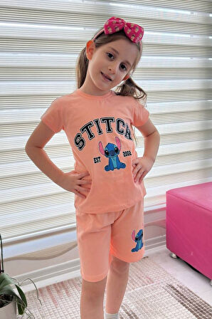 Somon Stitch Kısa Kollu Şortlu Çizgi Karakter Baskılı Kız Çocuk 2li Takım