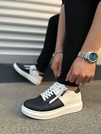 Warrior Bağcıklı ve Fermuarlı Cilt Erkek Günlük Sneaker Ayakkabı CBT - Beyaz/Siyah