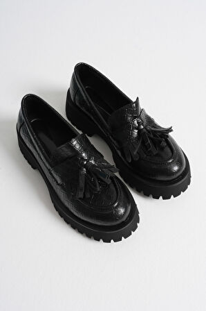 Anim Kadın Günlük Siyah Kroko Baskılı Loafer Ayakkabı