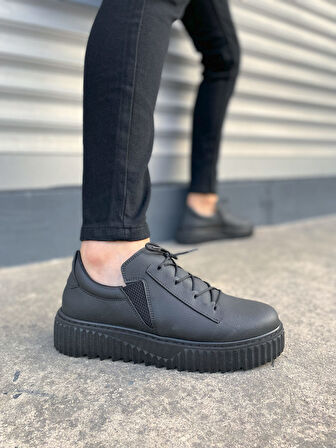 Siyah Bold Bağcıklı Cilt Erkek Günlük Sneaker Ayakkabı