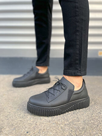 Siyah Bold Bağcıklı Cilt Erkek Günlük Sneaker Ayakkabı