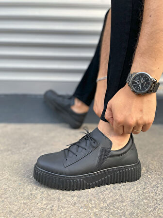 Siyah Bold Bağcıklı Cilt Erkek Günlük Sneaker Ayakkabı