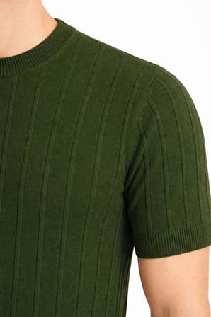 Basice Erkek Yazlık Fitilli Triko Tişört Kısa Kol Bisiklet Yaka T-Shirt - Haki