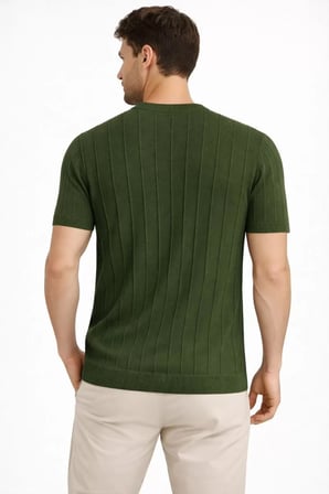 Basice Erkek Yazlık Fitilli Triko Tişört Kısa Kol Bisiklet Yaka T-Shirt - Haki