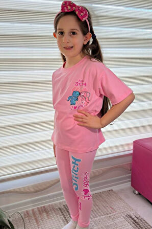 Pembe Stitch Kısa Kollu Taytlı Çizgi Karakter Baskılı Kız Çocuk 2li Takım