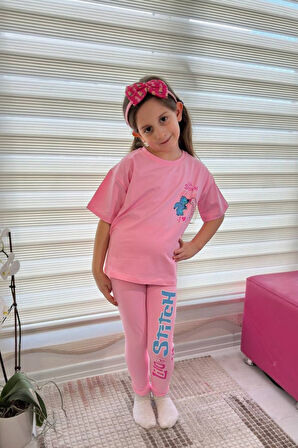 Pembe Stitch Kısa Kollu Taytlı Çizgi Karakter Baskılı Kız Çocuk 2li Takım