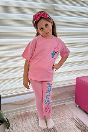 Pembe Stitch Kısa Kollu Taytlı Çizgi Karakter Baskılı Kız Çocuk 2li Takım