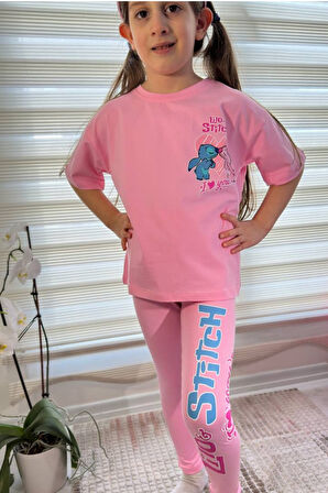 Pembe Stitch Kısa Kollu Taytlı Çizgi Karakter Baskılı Kız Çocuk 2li Takım