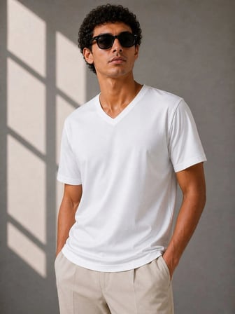 City Erkek V Yaka Basic Tişört Kısa Kol Yazlık Regular Fit T-Shirt - Beyaz