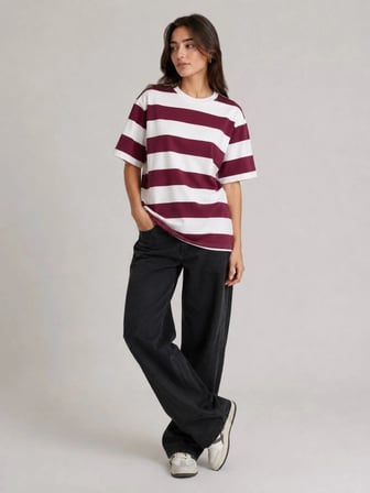 Zebra Kadın Çizgili Oversize Tişört Bisiklet Yaka Kısa Kol Yazlık T-Shirt - Bordo