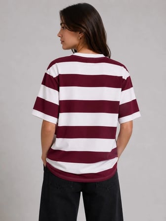 Zebra Kadın Çizgili Oversize Tişört Bisiklet Yaka Kısa Kol Yazlık T-Shirt - Bordo