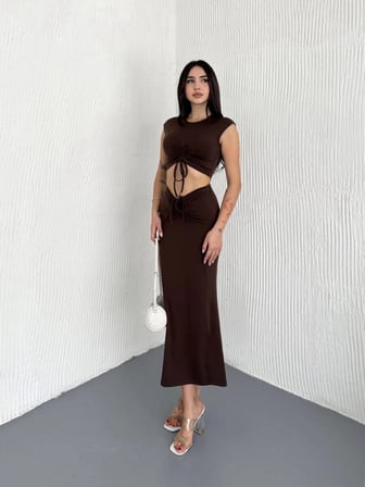 Osy Modal Büzgülü Crop Etekli İkili Takım – Kahverengi