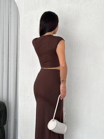 Osy Modal Büzgülü Crop Etekli İkili Takım – Kahverengi