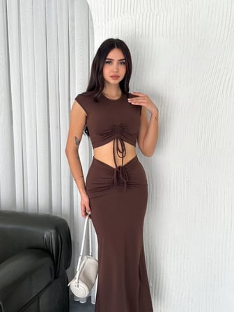 Osy Modal Büzgülü Crop Etekli İkili Takım – Kahverengi