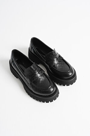 Rion Kadın Günlük Siyah Kroko Loafer Ayakkabı
