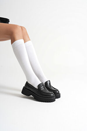 Rion Kadın Günlük Siyah Kroko Loafer Ayakkabı