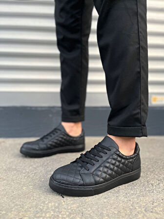 Prestige Bağcıklı Cilt Kapitone Desenli Erkek Günlük Sneaker Ayakkabı CST - Siyah
