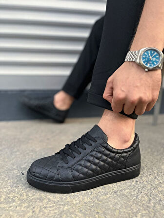 Prestige Bağcıklı Cilt Kapitone Desenli Erkek Günlük Sneaker Ayakkabı CST - Siyah