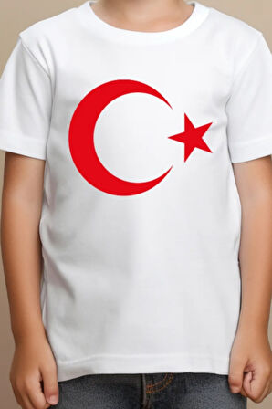 Beyaz Kırmızı Türk Bayrak Baskılı Unisex Çocuk Tişört